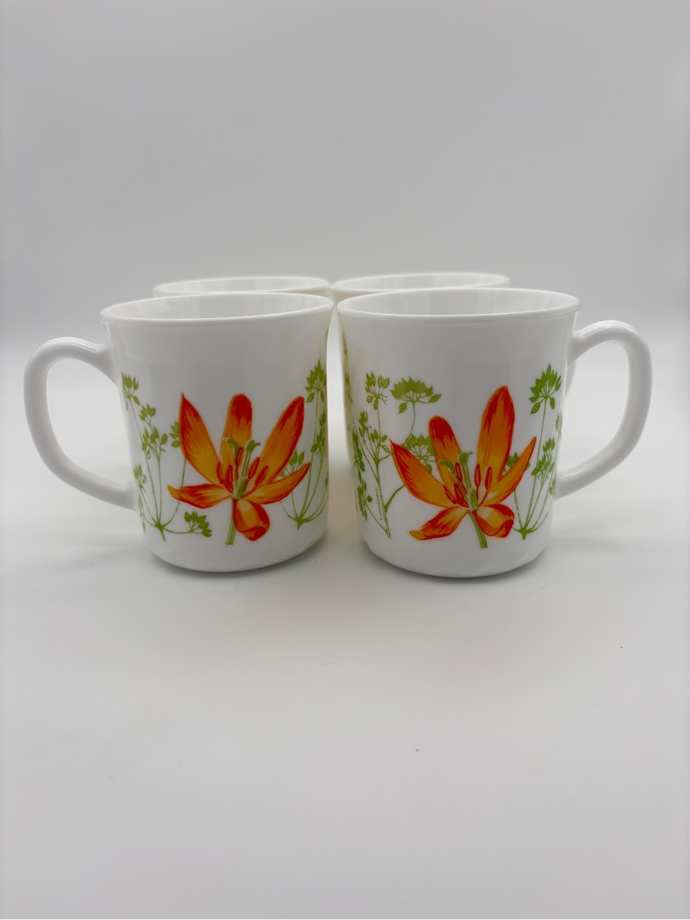Vintage Luminarc Orange Floral Milk Glass Mugs Set of 4